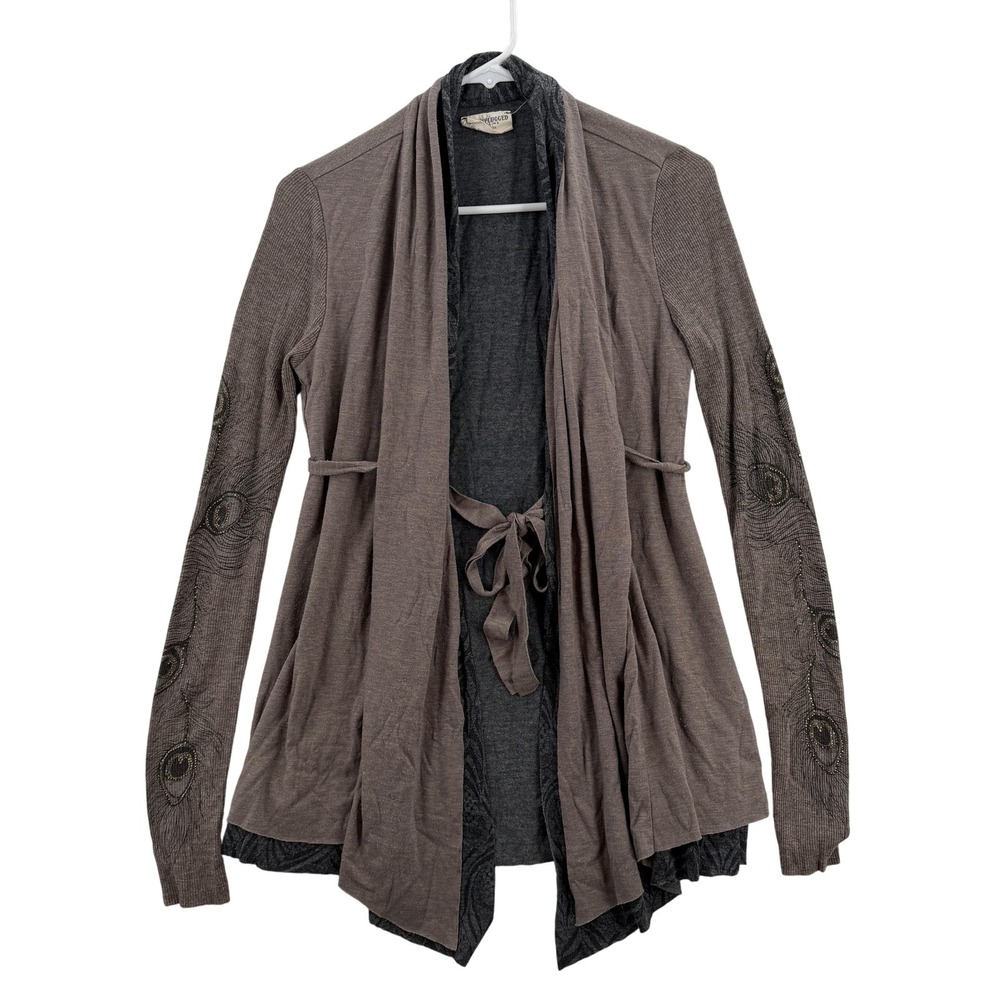 Miss Me MM Unplugged Cardigan Womens Medium Brown Open Front Tie Waist‎ Peacock